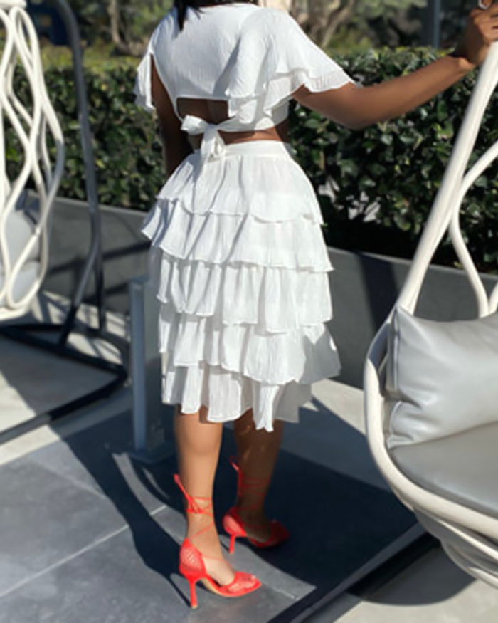 Women V-neck Solid Color Short Sleeve Puffle Slit Midi Skirt Sets Plus Size Two Pieces Outfit White Black S-5XL