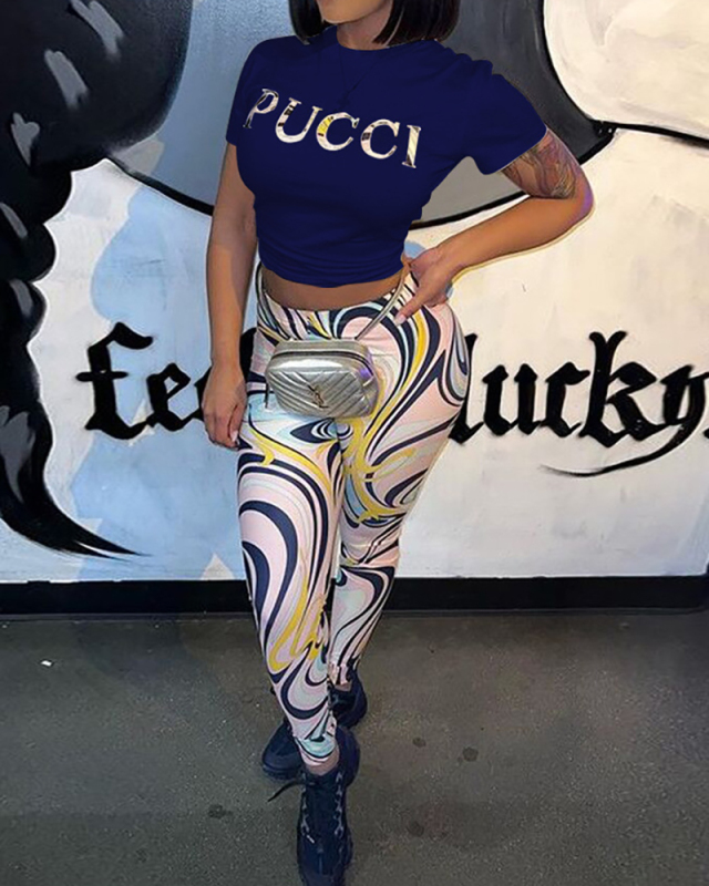 Women Casual Short Sleeve Letter Printed Striped Slim Pants Sets Two Pieces Outfit White Pink Navy Blue S-2XL