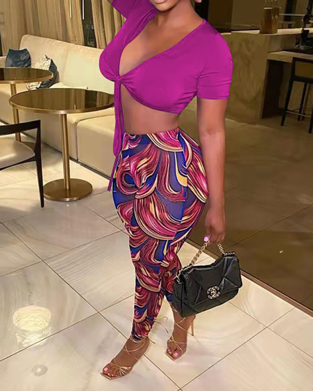Women Short Sleeve V-neck Crop Casual Pants Sets Two Pieces Outfit Rose Red Coffee Royal Blue S-2XL
