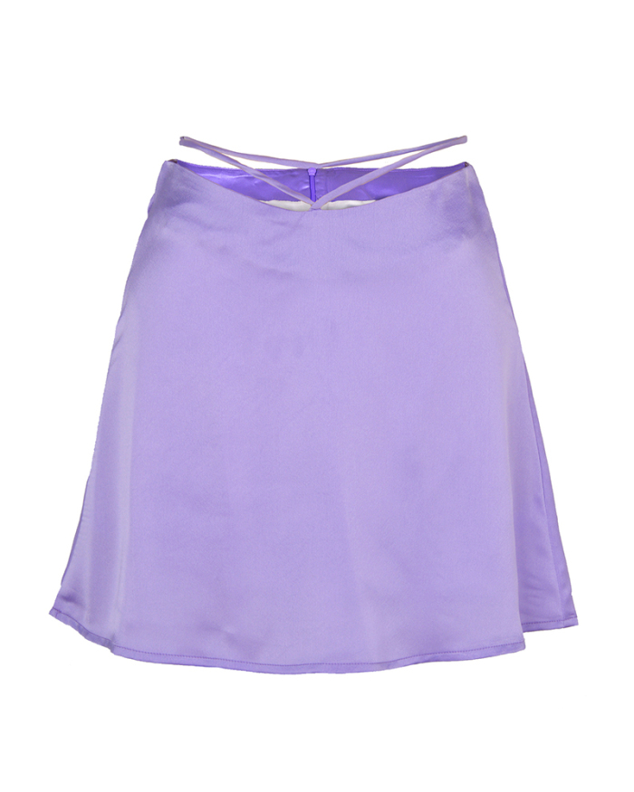 Summer Hot Sale Women Solid Color Satin Zipper Strappy Skirts Purple Black Pink Green Beige Blue S-XL
