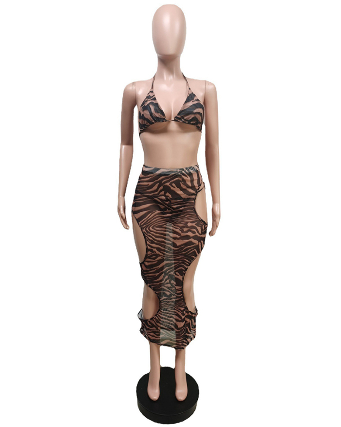 Women V-neck Sleeveless Leopard Beach Wear Hollow Out Skirt Sets Three Pieces Outfit Coffee Colorful S-2XL