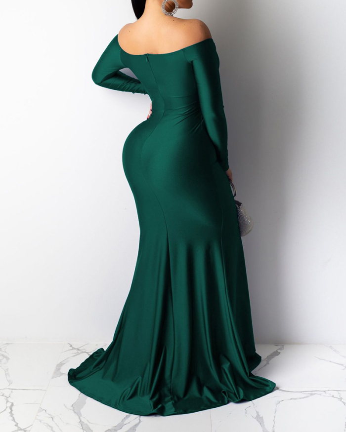Solid Color Elegant Off Shoulder Long Sleeve Women Maxi Dresses Evening Dress Red Green Black Blue S-2XL
