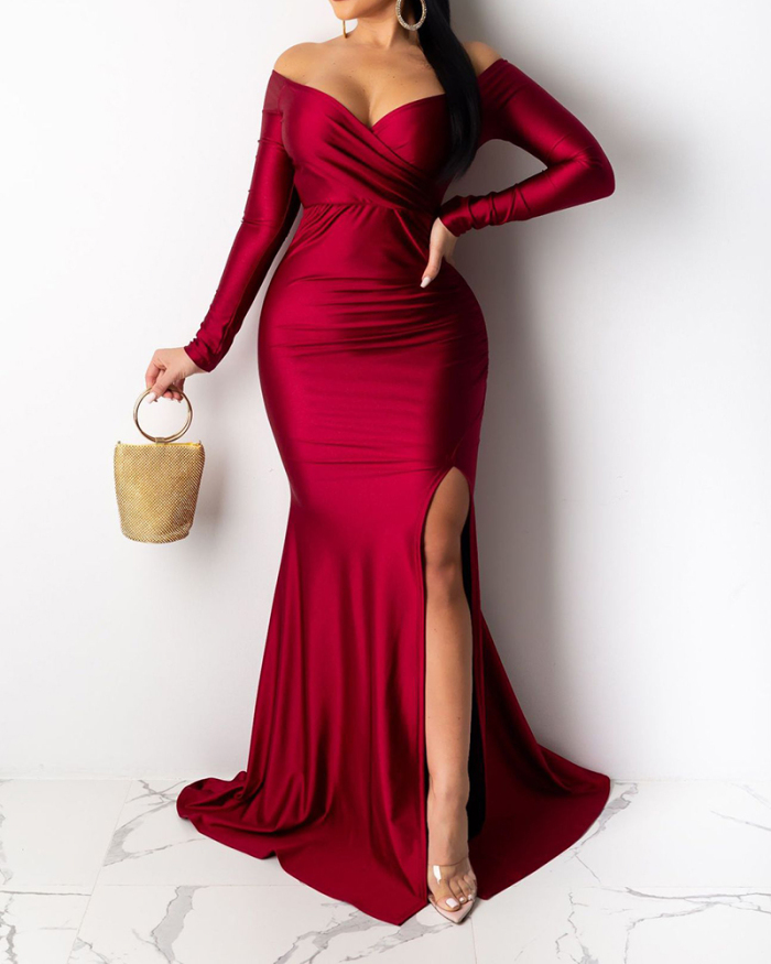 Solid Color Elegant Off Shoulder Long Sleeve Women Maxi Dresses Evening Dress Red Green Black Blue S-2XL
