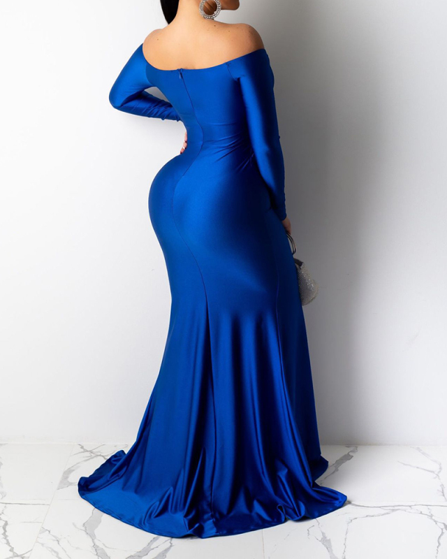 Solid Color Elegant Off Shoulder Long Sleeve Women Maxi Dresses Evening Dress Red Green Black Blue S-2XL