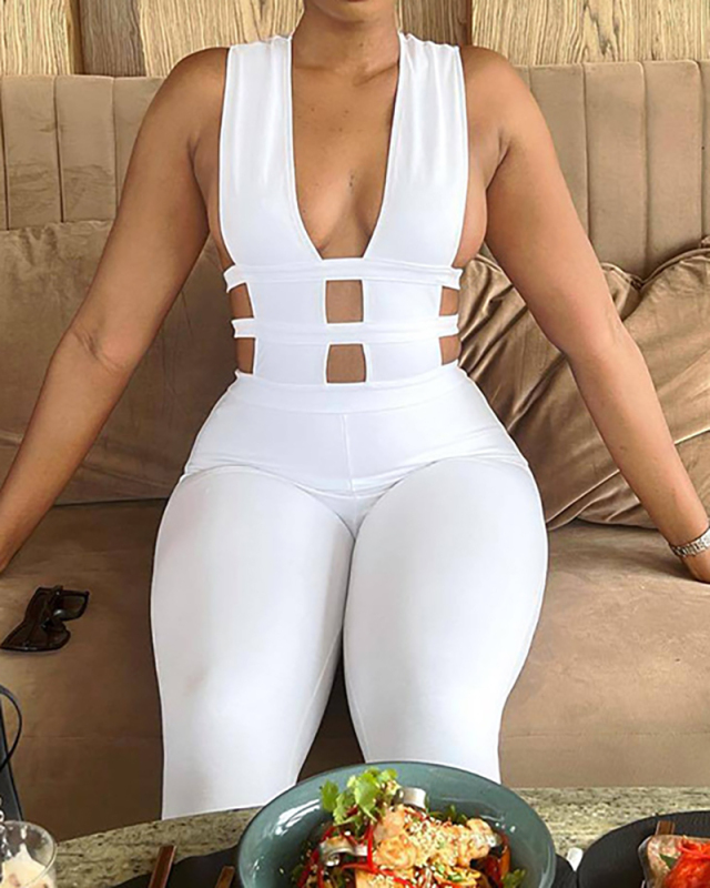 Women Hollow Out Solid Color High Waist Casual Jumpsuit White Black Blue S-L 