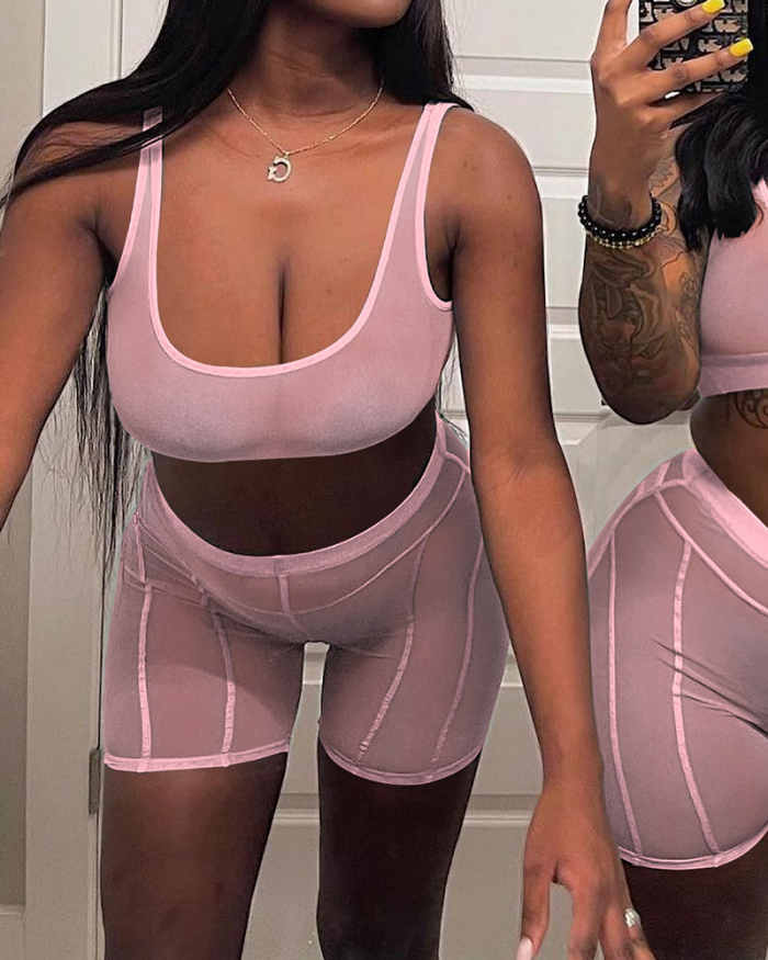 Women Sleeveless Crop Top Vest  Mesh Perspective High Waist Short Sets Two Pieces Outfit Pink Orange Red Black Light Blue S-2XL