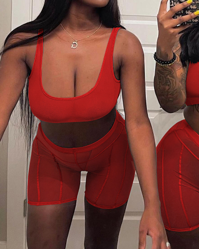 Women Sleeveless Crop Top Vest  Mesh Perspective High Waist Short Sets Two Pieces Outfit Pink Orange Red Black Light Blue S-2XL