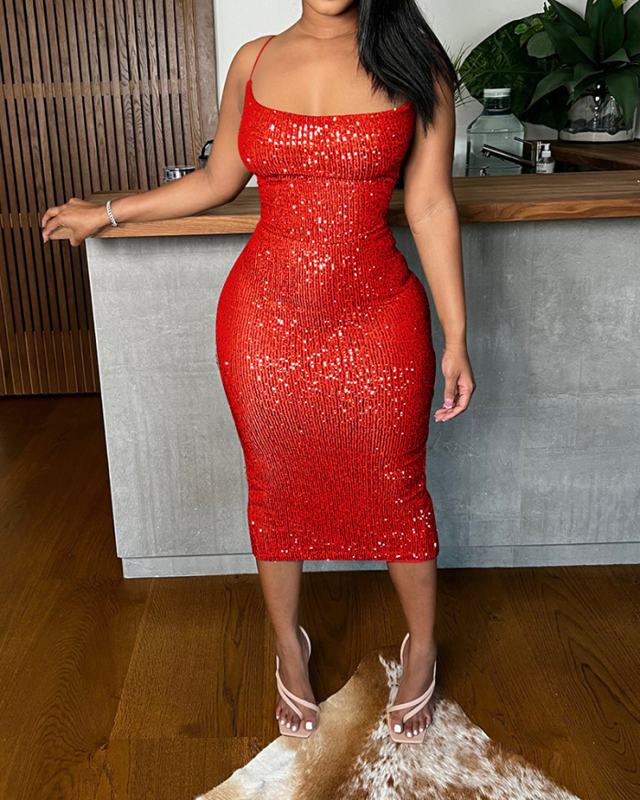 Women Sequin Sexy Sleeveless Solid Color Midi Bodycon Dresses White Red Gold Brown Black Blue S-2XL