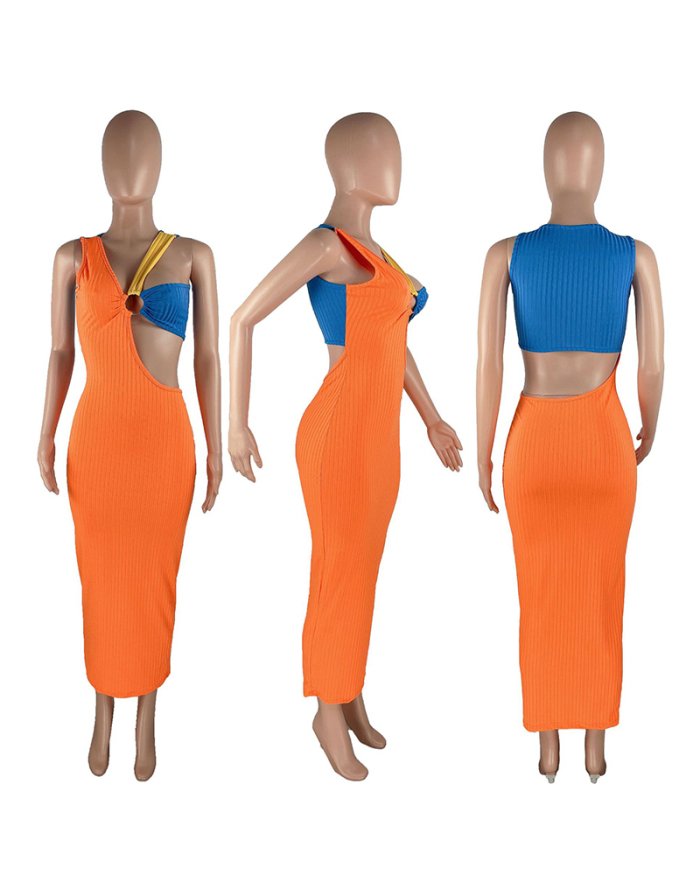 Sexy Hollow Out Sleeveless Colorblock Women Summer Casual Maxi Dresses Orange Black Blue S-2XL