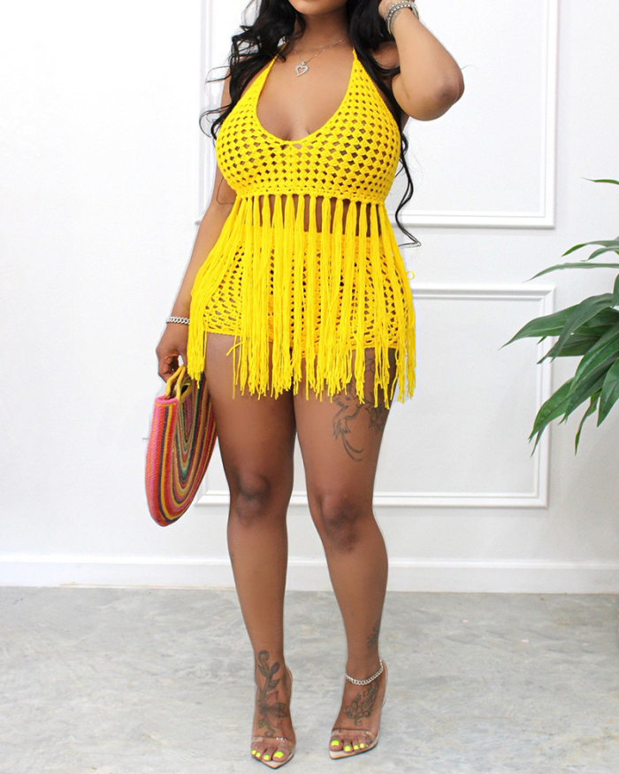 Women Sleeveless Halter Neck O-neck Tassel Knited Short Sets Two Pieces Outfit Beach Wear White Orange Black Red Yellow Cyan S-2XL