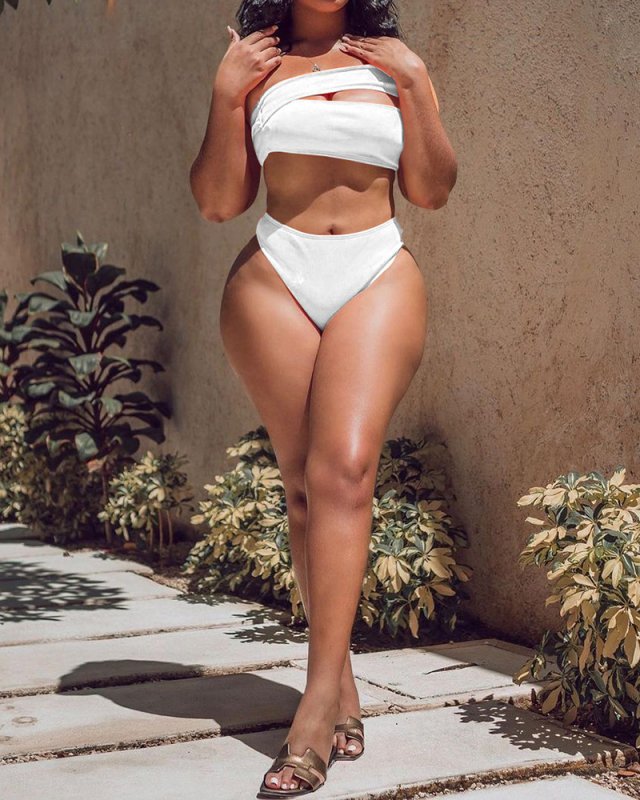 Hollow Out Women Solid Color High Waist Two-piece Swimsuit White Red Rose Red Black Sky Blue S-2XL