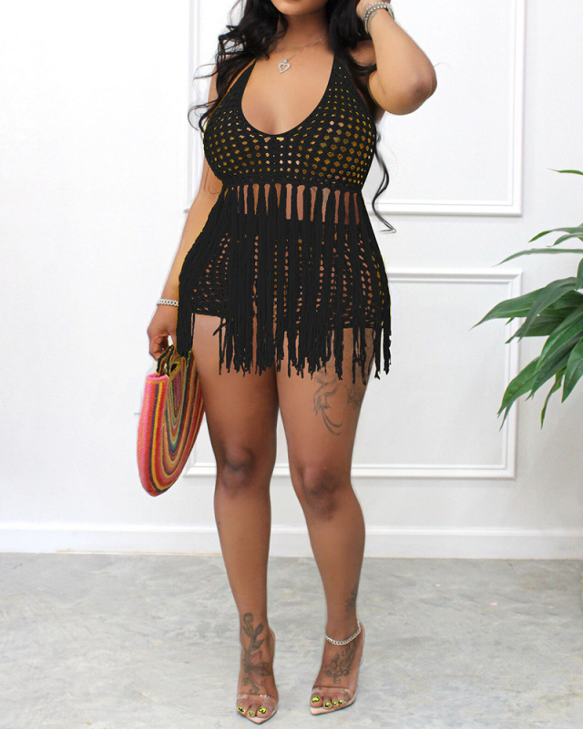 Women Sleeveless Halter Neck O-neck Tassel Knited Short Sets Two Pieces Outfit Beach Wear White Orange Black Red Yellow Cyan S-2XL