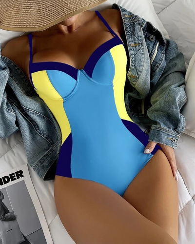 Women Colorblock New Fashion One-piece Swimsuit Blue S-L