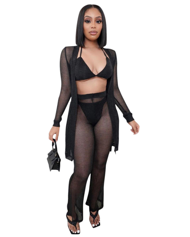 Black Summer Wholesale Women Four Piece Mesh Set S-XL