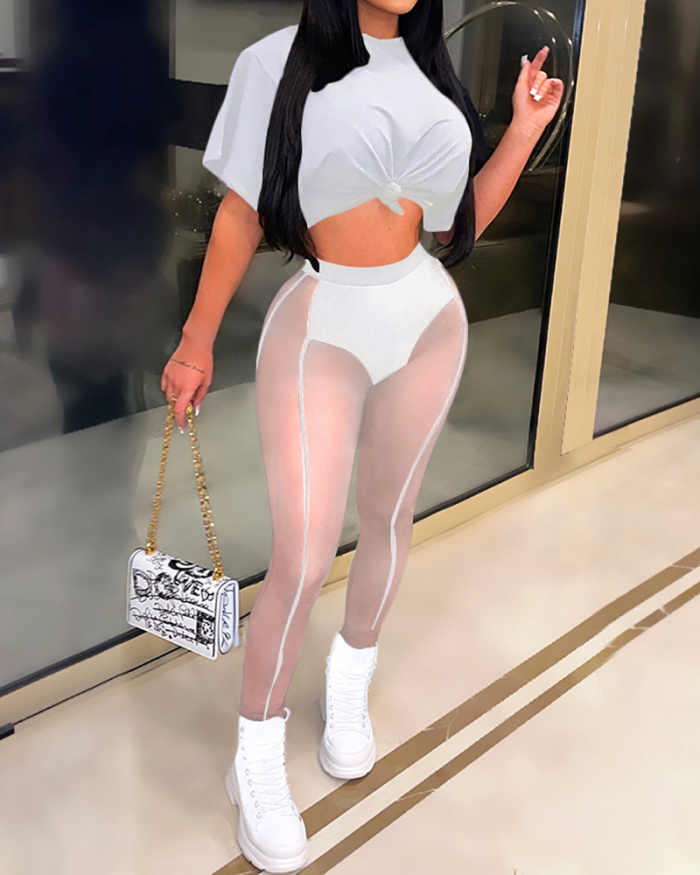Women Solid Color Sexy Mesh See Through Long Pants White Black S-2XL