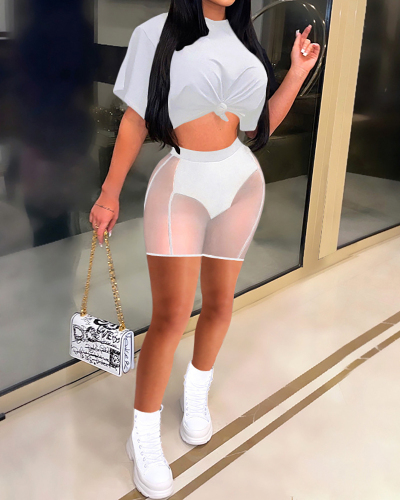 Lady Solid Color Mesh See Through Two Piece Set White Black S-2XL 