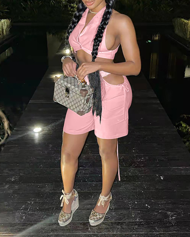 Women Hollow Out Zipper Backless Two Piece Set Pink Black White S-2XL 