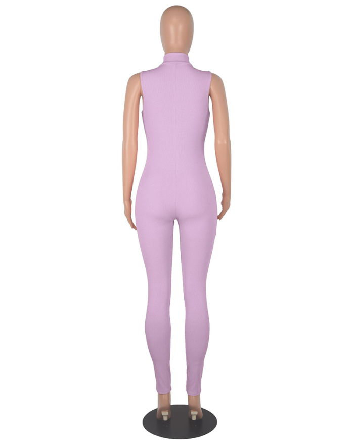 Women Fashion Zipper Neck Slim Tight Pit Article Fabrics Jumpsuits Khaki Black Pink White Purple Green Wine Red S-2XL