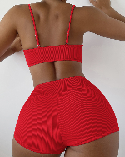 Lady Solid Color High Waist Sling Two Piece Swimwear Red S-L 