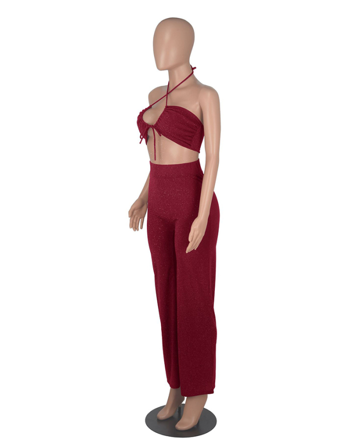 Women Sleeveless Solid Color Pants Sets Two Pieces Outfit Black Wine Red Khaki S-XL