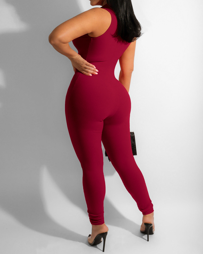 Women Fashion Zipper Neck Slim Tight Pit Article Fabrics Jumpsuits Khaki Black Pink White Purple Green Wine Red S-2XL