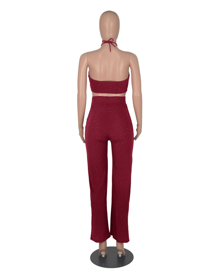Women Sleeveless Solid Color Pants Sets Two Pieces Outfit Black Wine Red Khaki S-XL