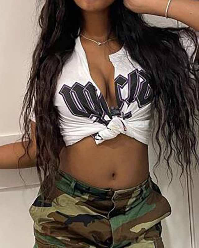 Women Short Sleeve Printed Open Front T-shirt Crop Top Black White S-L