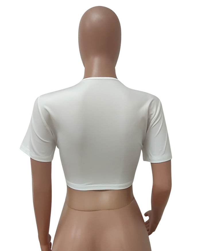 Women Short Sleeve Printed Open Front T-shirt Crop Top Black White S-L