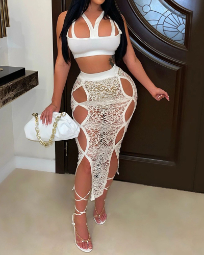 Women Solid Color Hollow Out Mesh Lace See Through Sexy Skirt Sets Two Pieces Outfit White Black Plus Size S-5XL