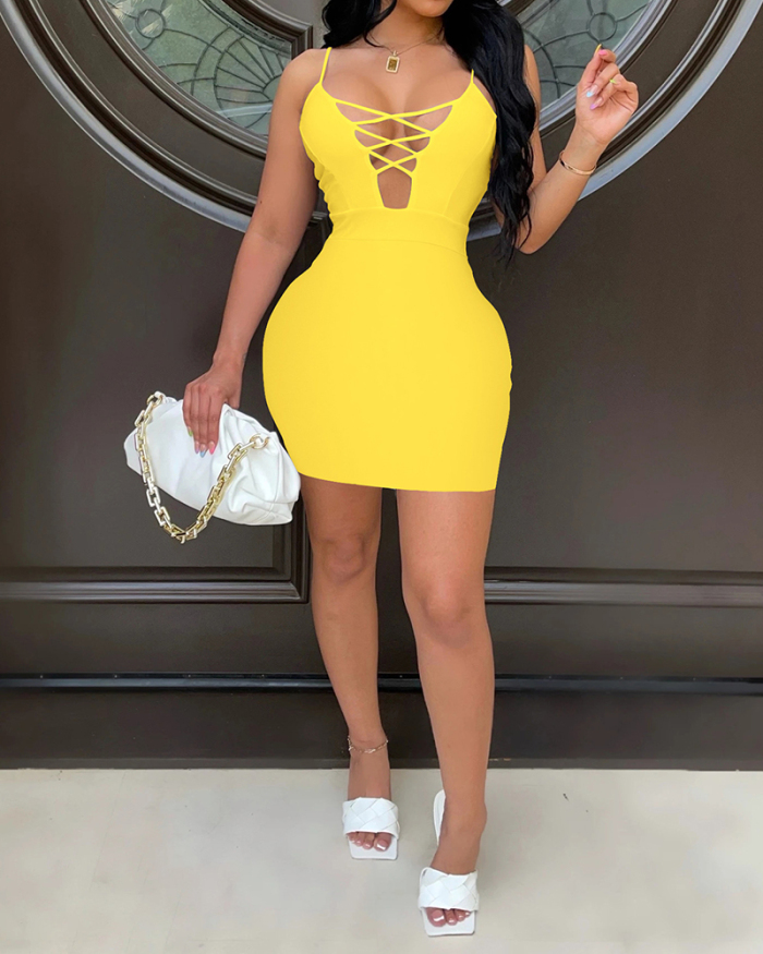 Ladies Strappy V-neck Sleeveless Solid Color Mini Bodycon Dresses Pink Black White Yellow Blue WIne Red S-2XL