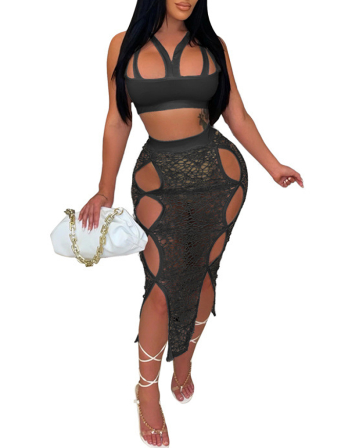 Women Solid Color Hollow Out Mesh Lace See Through Sexy Skirt Sets Two Pieces Outfit White Black Plus Size S-5XL
