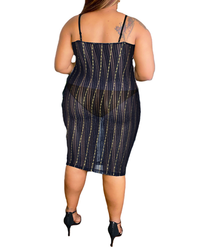 Woman Sexy See Through Striped Mesh Strap Plus Size Dresses L-4XL