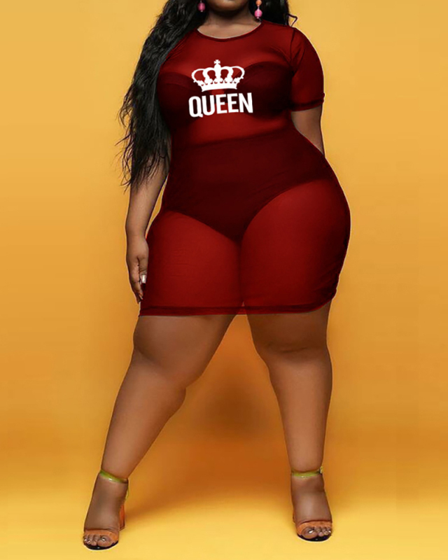 Womans Short Sleeve Mesh See Through Queen Printed Plus Size Dresses White Black Purple Green Rose Red Wine Red L-4XL