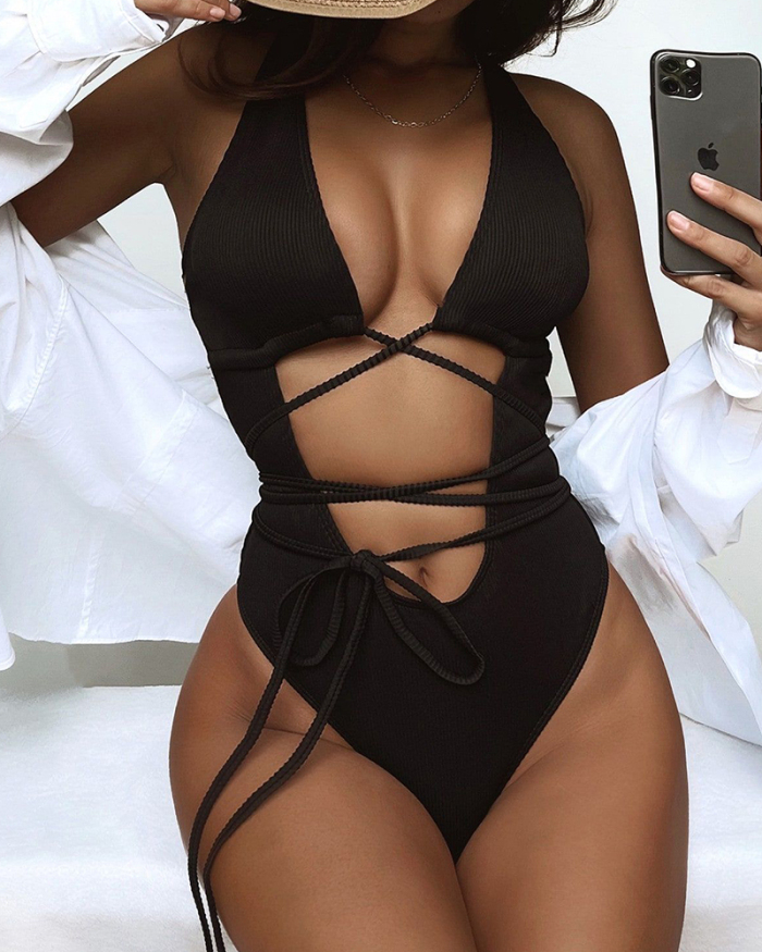 Lady Hollow Out Solid Color Cross Strappy One Piece Swimwear White Black S-L 