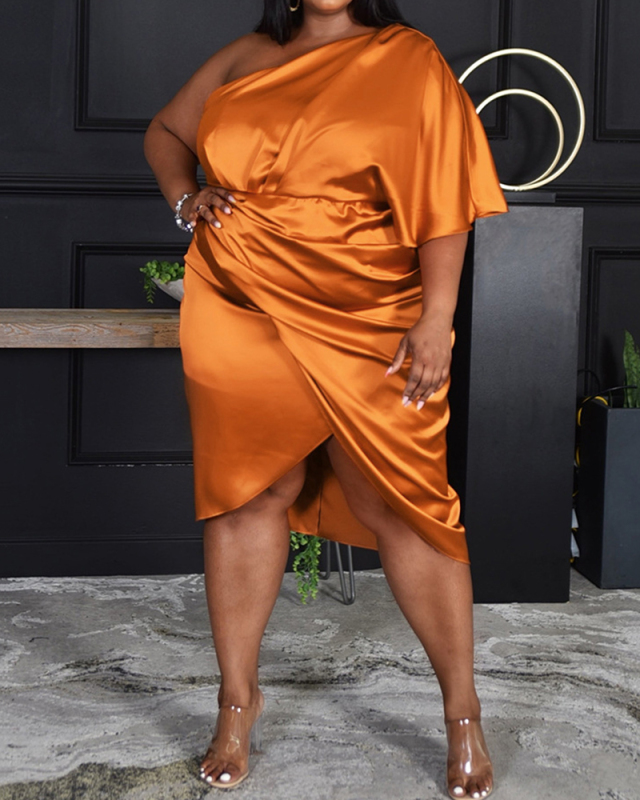 Lady Solid Color Wrap Zipper Irregular Slash Neck Plus Size Dresses Green Rose Red Orange XL-5XL