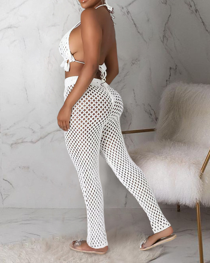 Women Solid Color Crochet Hollow Out Pants Sets Two Pieces Outfit White Black S-XL