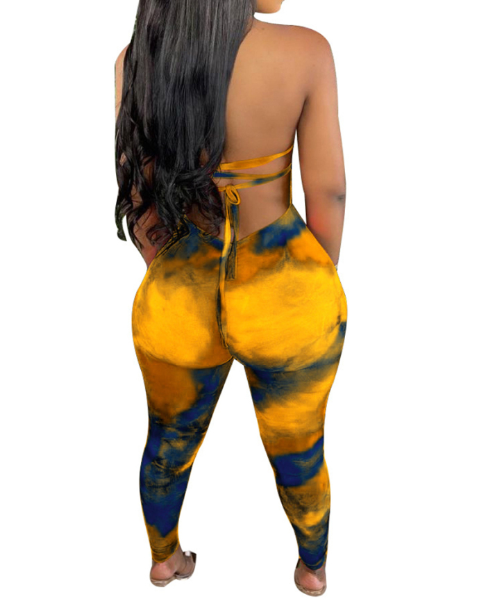 Women Sleeveless Backless Sexy Pants Sets Two pieces Outfit Rosy Yellow Blue S-XL