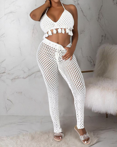 Women Solid Color Crochet Hollow Out Pants Sets Two Pieces Outfit White Black S-XL