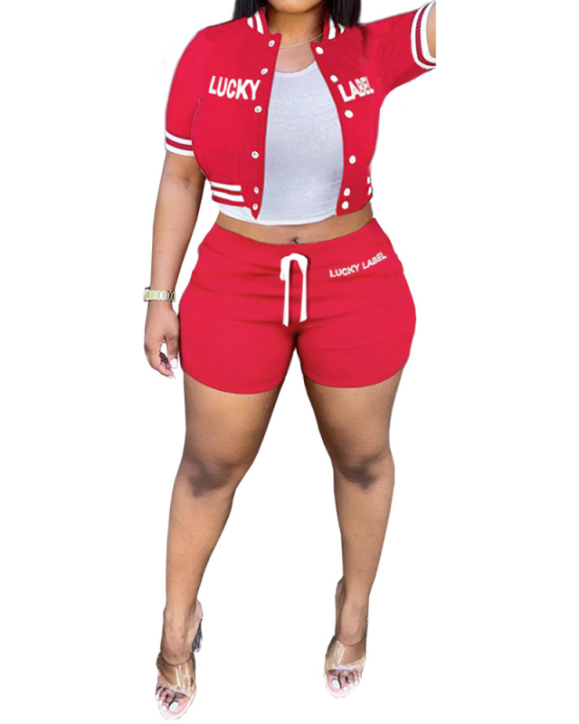 Women Short Sleeve Sport Wear Short Sets Two Pieces Outfit Pink Red Black S-2XL