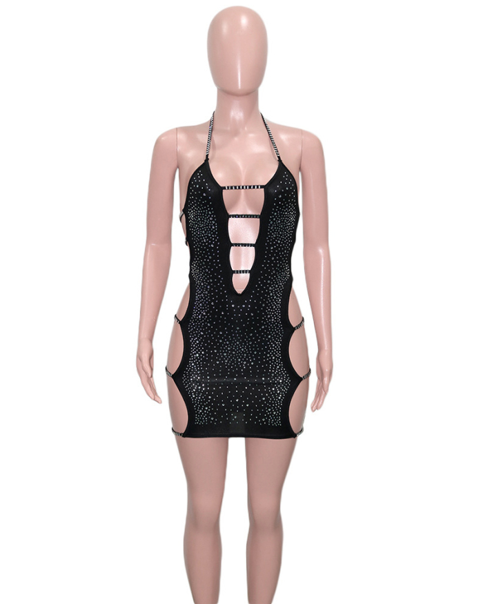 Women Hollow Out Sexy Sequin Backless Club Wear Casual Mini Dresses Black S-XL