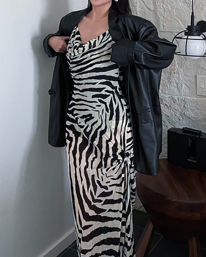 Women Backless Zebra Print Long High Slit One-piece Dress S-L