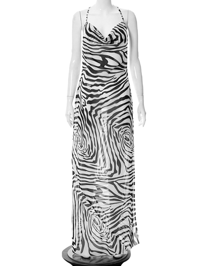 Women Backless Zebra Print Long High Slit One-piece Dress S-L