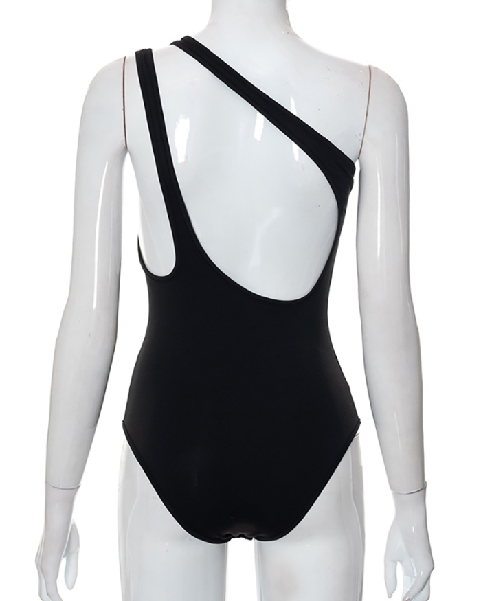 Women One Shoulder Hollow Out Fashion Basic Bodysuit Black White S-L
