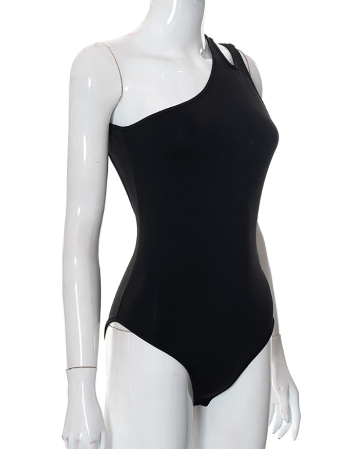 Women One Shoulder Hollow Out Fashion Basic Bodysuit Black White S-L