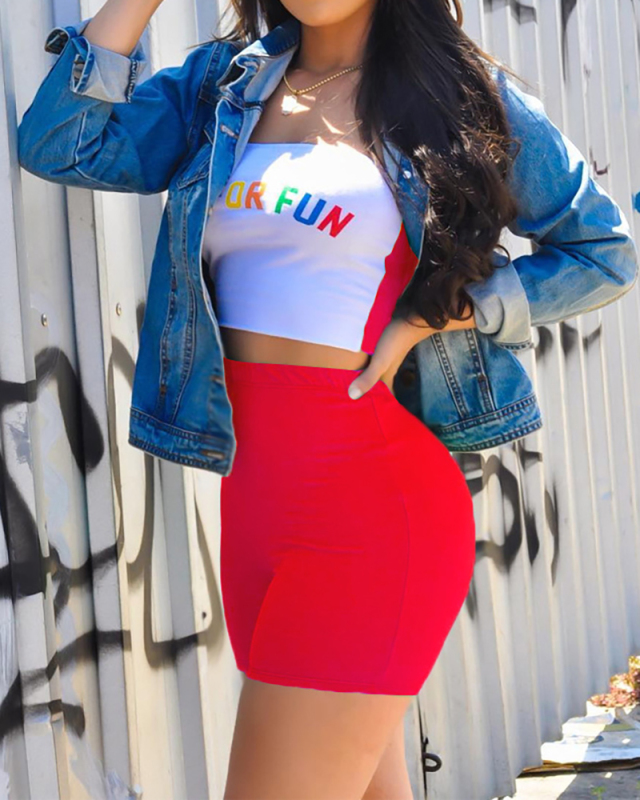Women's Letter Print Casual Wrap Chest Stitching Sports Summer Two-piece Set S-3XL
