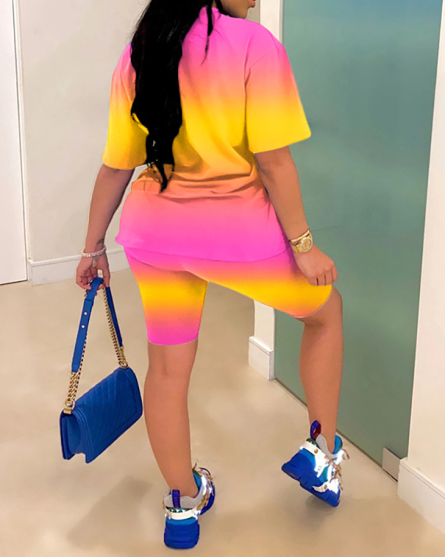New Casual Fashion Gradient Lip Print Sports Shorts Suit Women S-XXL