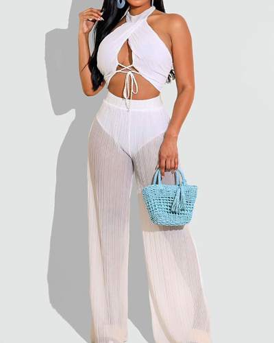 Lady Mesh See Through Backless Strappy Two Piece Set White Black S-2XL 