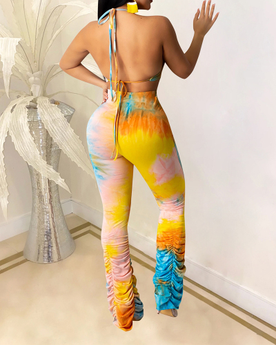 Women Tie Dye Backless Halter Neck Crop Tops High Waist  Pants Sets Two Pieces Outfit Yellow S-XL