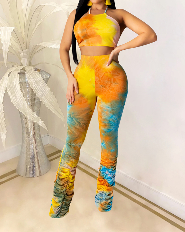 Women Tie Dye Backless Halter Neck Crop Tops High Waist  Pants Sets Two Pieces Outfit Yellow S-XL