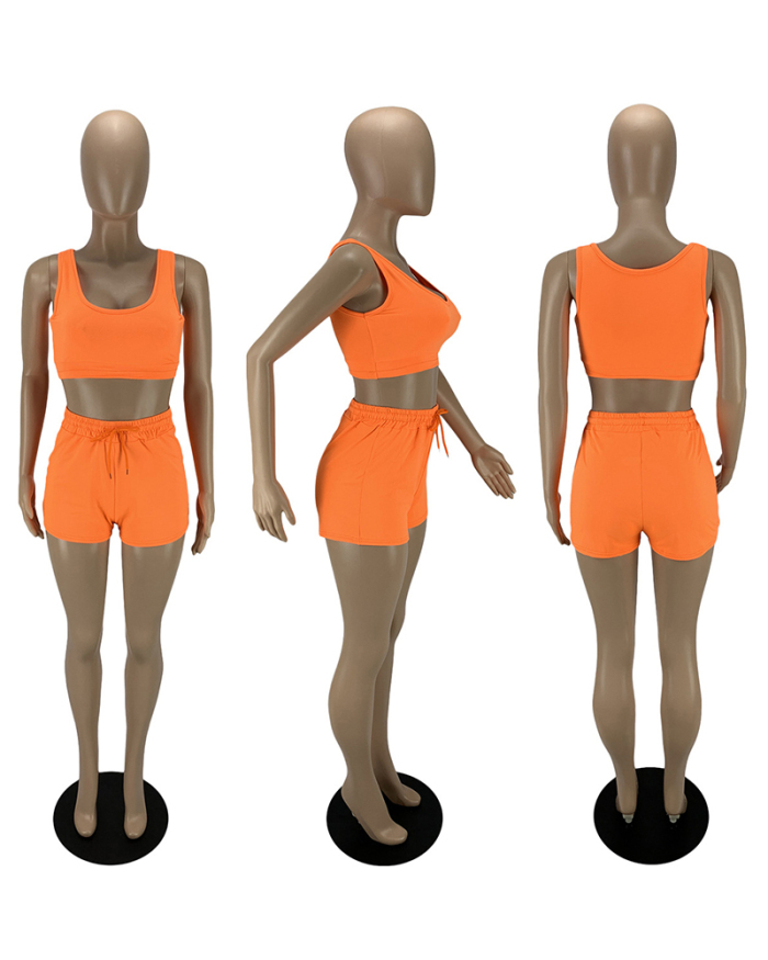 Women Sleeveless Sports Wear Short Sets Two Pieces Outfit Orange Gray Black Green S-2XL